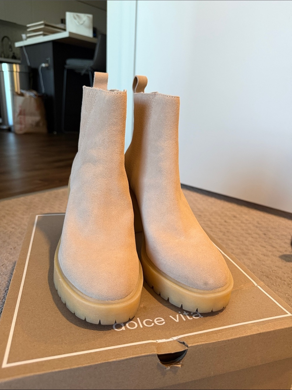 Dolce Vita Beige Suede Platform Chelsea Booties